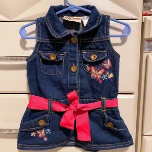 Denim Butterfly Embroidered Kids Dress with Pink Belt